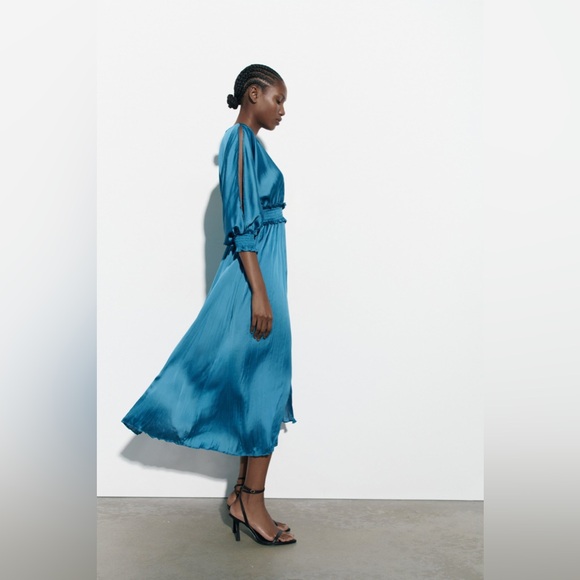 ZARA WRINKLE LOOK SATIN EFFECT MIDI DRESS Blue Steel Size M - Picture 4 of 16